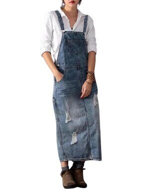 Women's Light Blue Distressed Denim Overall Dress Adjustable Strap Pinafore